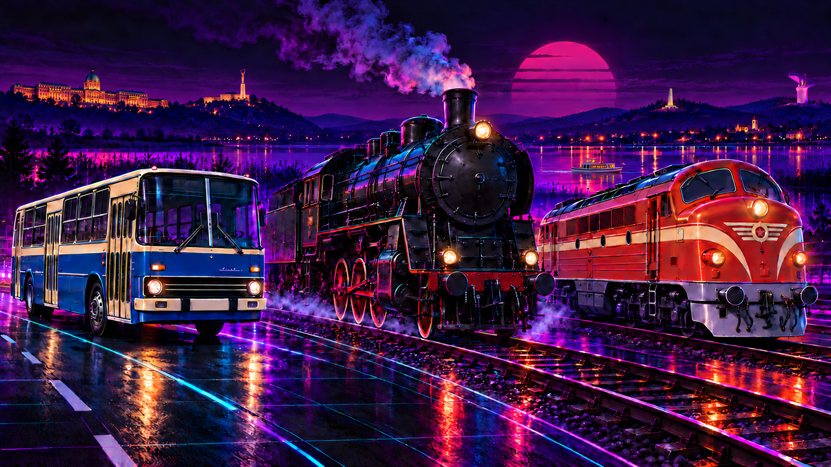 Neonillusztráció: Ikarus 260, 424 Bivaly és M61 Nohab; a háttérben a Budai Vár, a Gellért-hegy, a Velencei-tó, Pákozd és a Velencei-hegység stilizált panorámája, a pákozdi emlékművel, a Bence-hegyi kilátóval és a tavon a Gárdony hajóval.